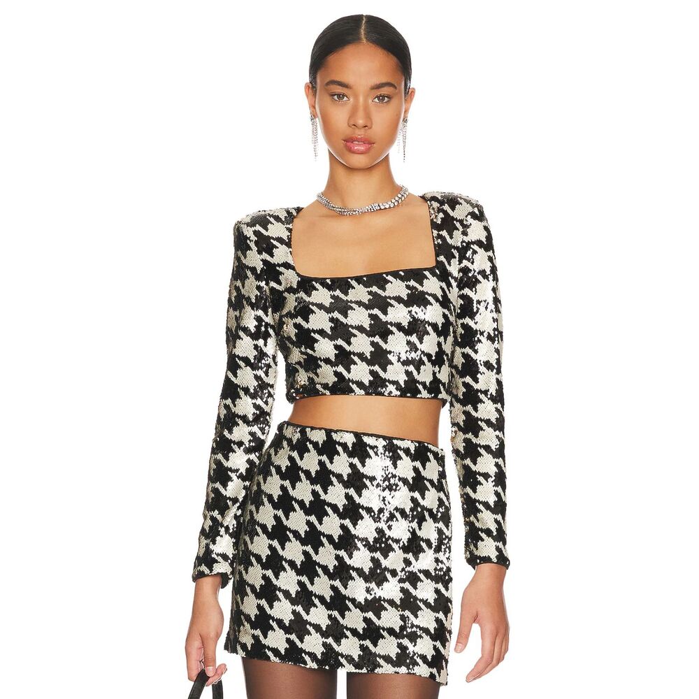 NWT ASTR the Label Darby Sequin Houndstooth Print Top & Mini Skirt Set Size: M - Picture 4 of 8